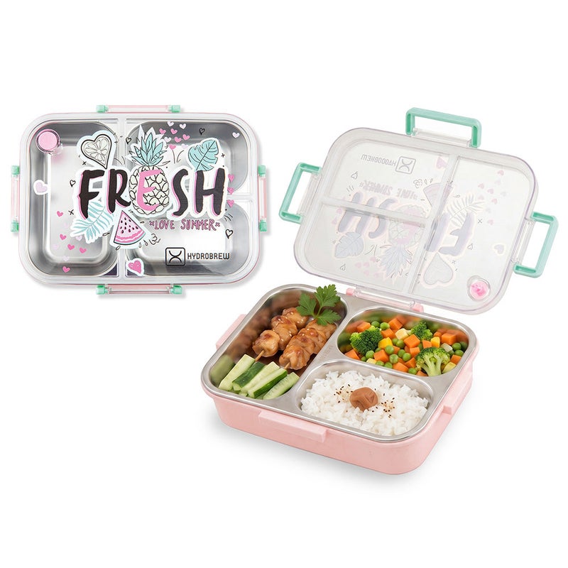 HydroBrew Steel Core Bento Lunch Box 3 Compartment 750ml – Fresh Pink - Image 1