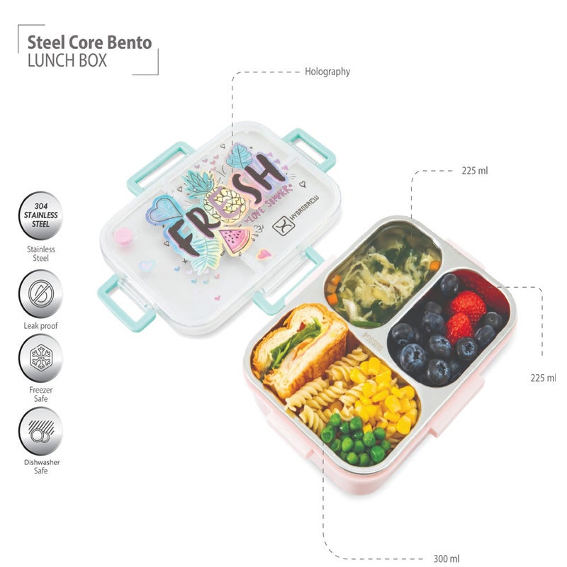 HydroBrew Steel Core Bento Lunch Box 3 Compartment 750ml – Fresh Pink - Image 3