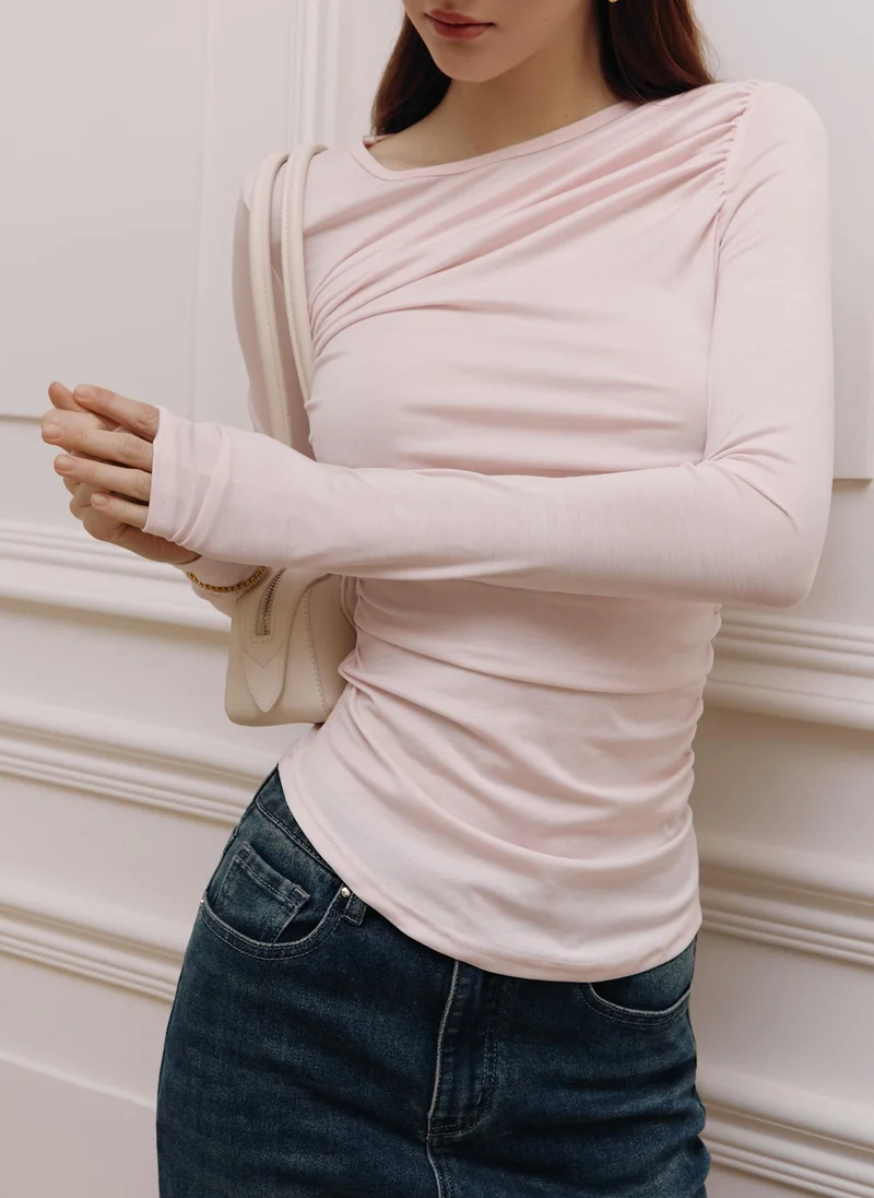 ليتشي قميص جيرسي مطاطي أحادي اللون بأكمام طويلة مع تكتلات