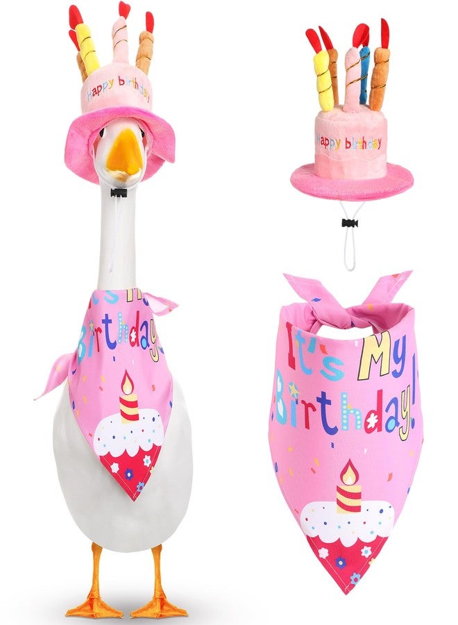 Dansydaisy Happy Birthday Goose Outfit with Cake Hat and Bandana for 23" Cement/Plastic Goose Decorations (Pink) - Image 1