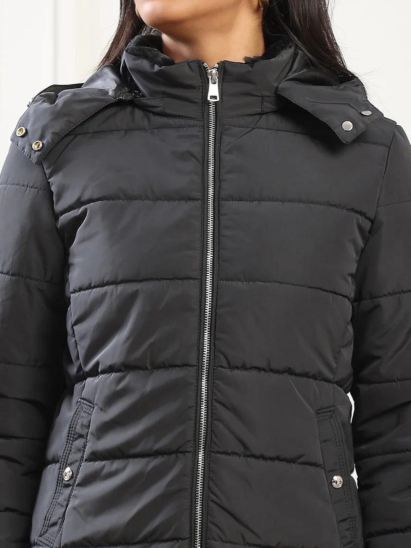 globus Globus Women Black Mock Neck Front Zip Winter Wear Insulator Puffer Jacket With Detachable Soft Functional Hood