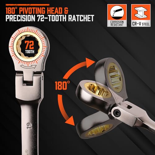 HORUSDY 12-Piece Metric Flex-Head Ratcheting Wrench Set with Organizer | 8-19 mm Ratchet Combination Wrenches Set | 72-Teeth | Chrome Vanadium Steel - Image 2