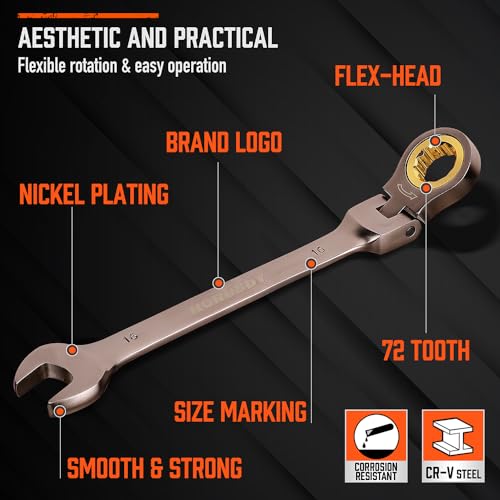 HORUSDY 12-Piece Metric Flex-Head Ratcheting Wrench Set with Organizer | 8-19 mm Ratchet Combination Wrenches Set | 72-Teeth | Chrome Vanadium Steel - Image 5