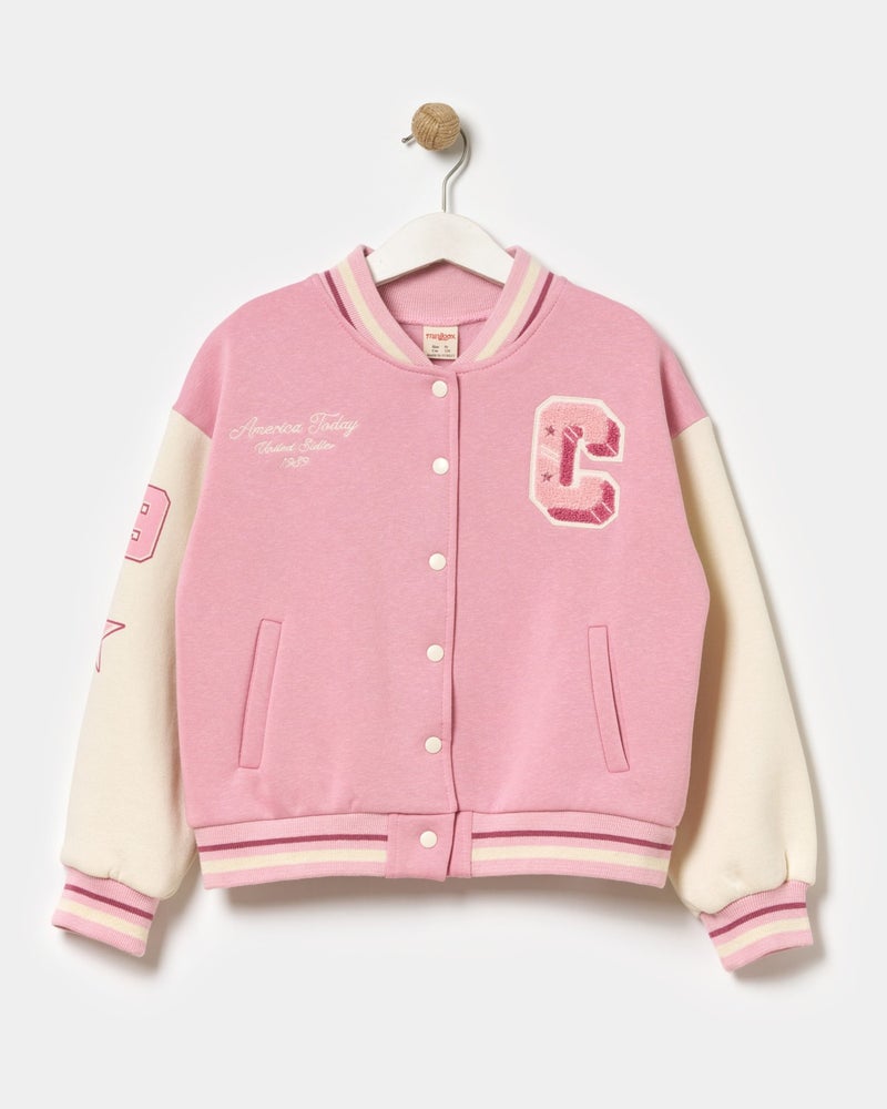 Minipodyum Girl's Suzene Embroidered Snap Front Closure Bomber College Jacket  - Image 1