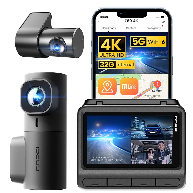DDPAI 3 Channel Dash Cam Front and Rear, 4K+2K+1080P Triple Dashcam for Cars with Dual 32G eMMC Storage Car Camera Dashcam, GPS,WiFi 6,3" IPS, AI ISP Night Vision,7 Days Parking Mode,Z60 Ï€link - Image 1