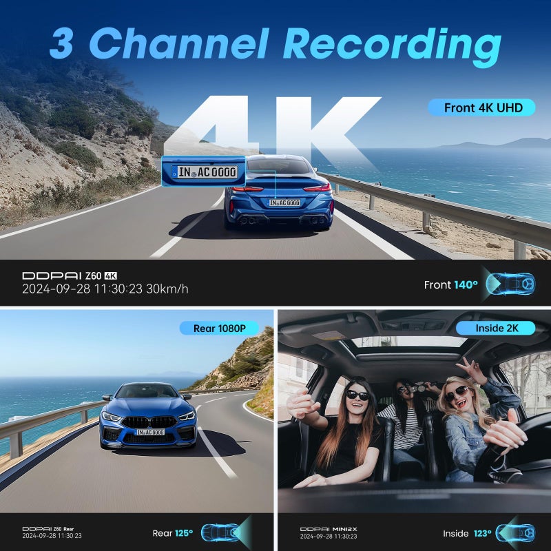 DDPAI 3 Channel Dash Cam Front and Rear, 4K+2K+1080P Triple Dashcam for Cars with Dual 32G eMMC Storage Car Camera Dashcam, GPS,WiFi 6,3" IPS, AI ISP Night Vision,7 Days Parking Mode,Z60 Ï€link - Image 2