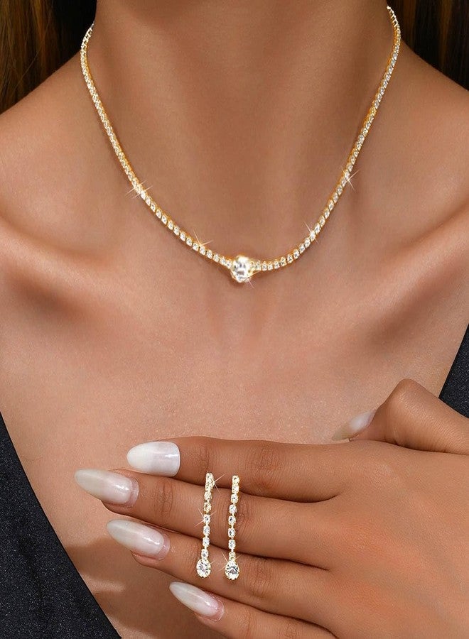 Unicra Gold Bridal Wedding Jewelry Set Rhinestone Necklace Earrings Sets Crystal Formal Costume Jewelry for Women and Brides (Gold Rhinestone) - Image 5