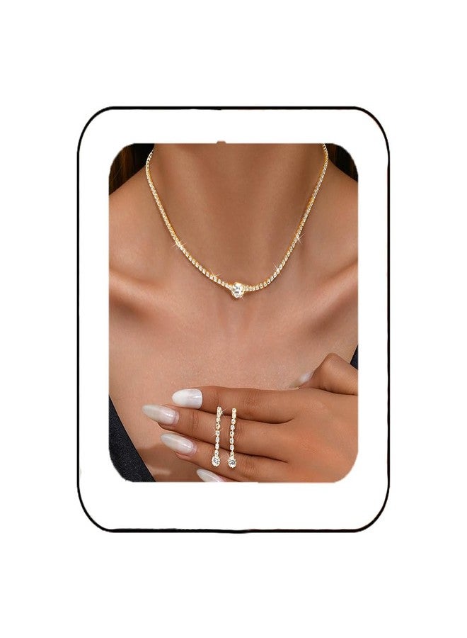 Unicra Gold Bridal Wedding Jewelry Set Rhinestone Necklace Earrings Sets Crystal Formal Costume Jewelry for Women and Brides (Gold Rhinestone) - Image 1