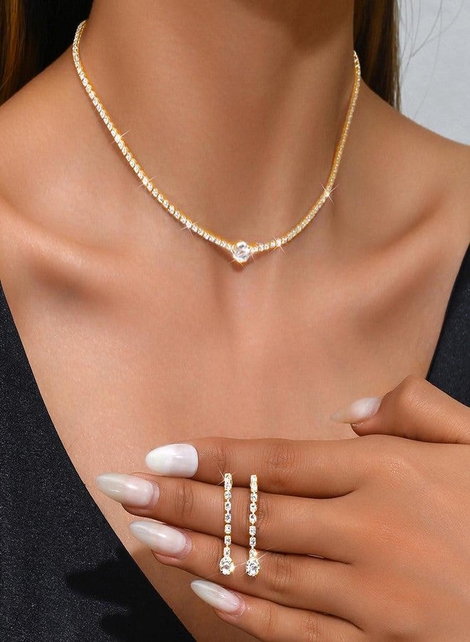 Unicra Gold Bridal Wedding Jewelry Set Rhinestone Necklace Earrings Sets Crystal Formal Costume Jewelry for Women and Brides (Gold Rhinestone) - Image 3