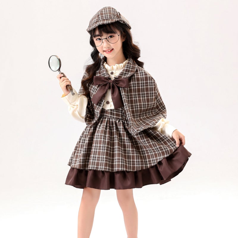 2025 New cosplay Detective Sherlock Holmes Parent-Child suit Game Party Role Playing Clothing Womens Clothing 2062 children [hat dress cloak bow]]