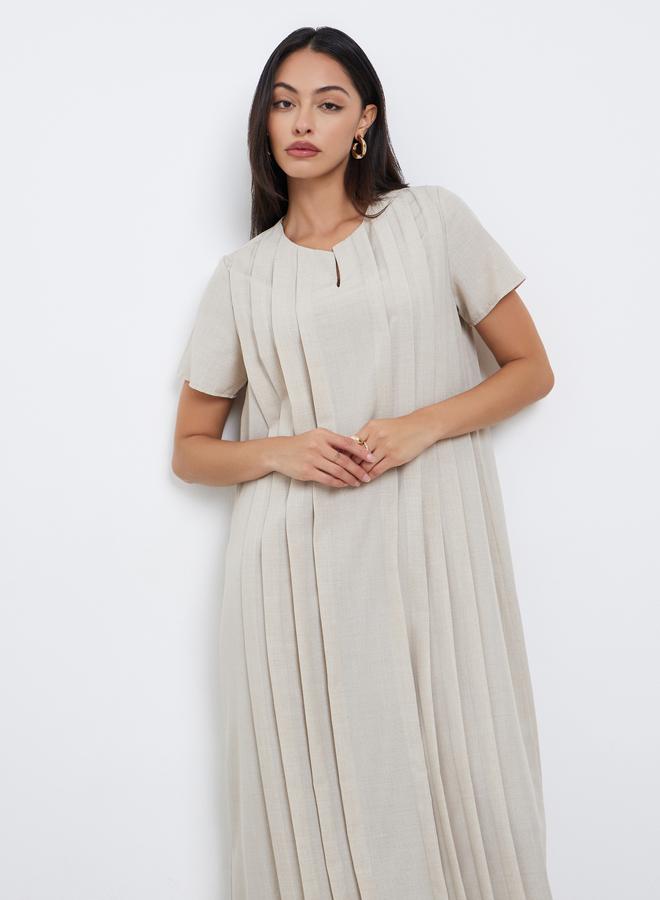 Amirah Cream Pleated Short Sleeve Maxi Jalabiya - Image 2