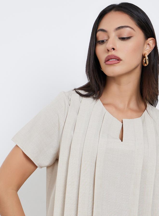 Amirah Cream Pleated Short Sleeve Maxi Jalabiya - Image 3