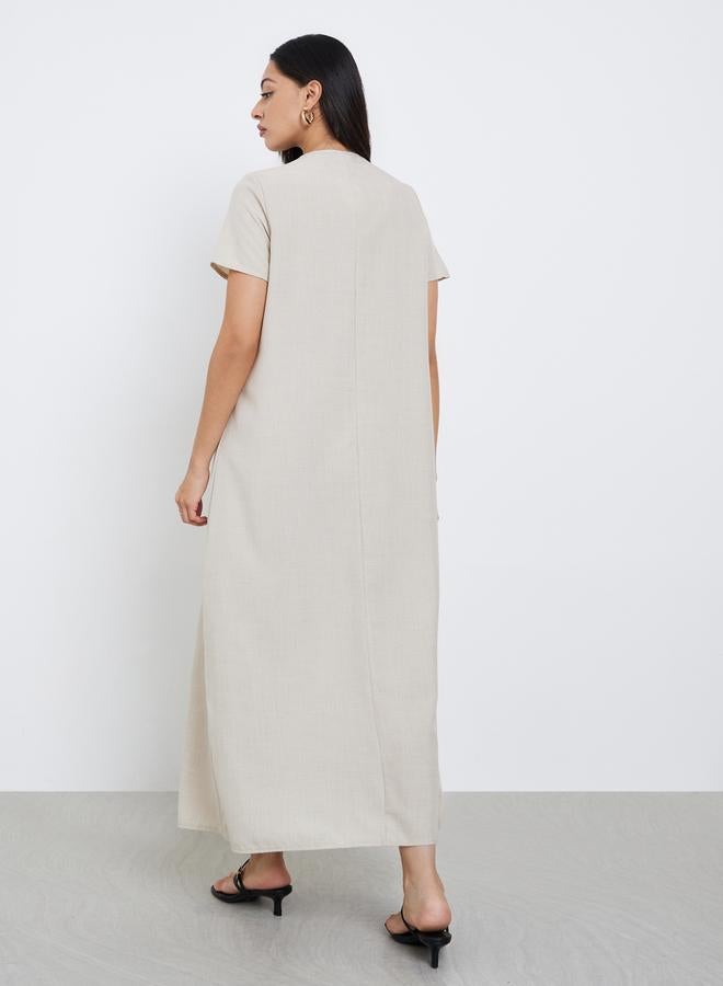 Amirah Cream Pleated Short Sleeve Maxi Jalabiya - Image 4