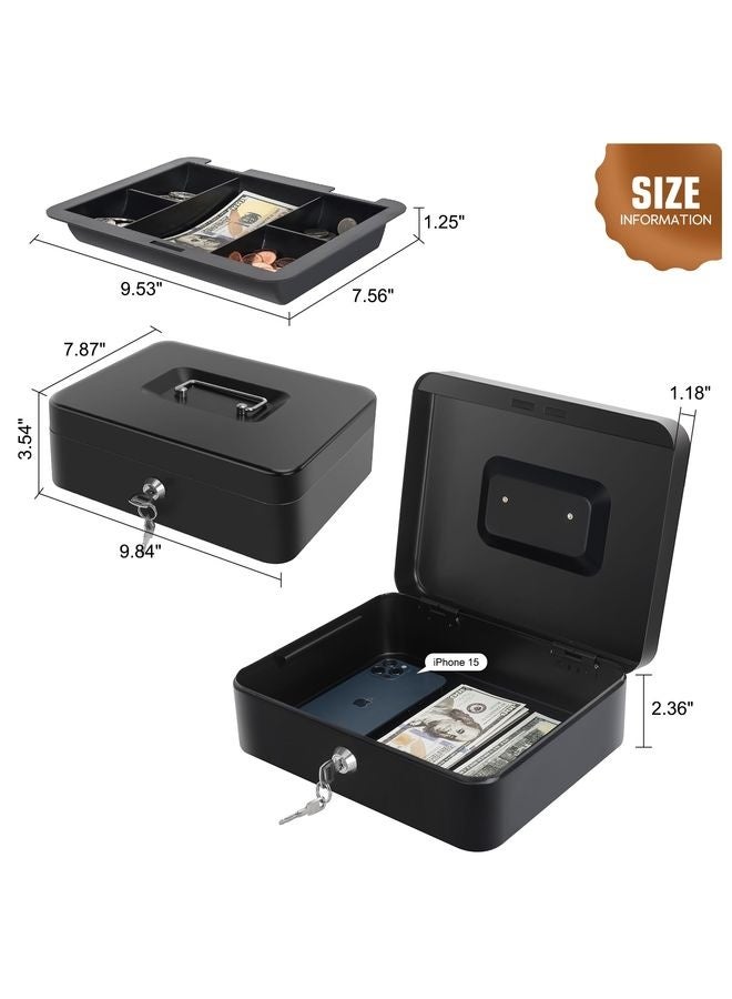 HOMESTAR Cash Box with Money Tray - Large Money Box with Lock, Metal Safe Box for Money Black - Image 3