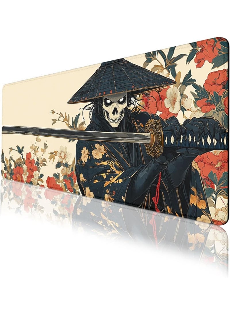 وسادة ماوس مكتبية ساموراي على شكل جمجمة سوداء ذهبية من الرسوم المتحركة اليابانية مع حواف مخيطة، قاعدة مطاطية مضادة للانزلاق ومقاومة للماء 70 × 30 سم × 2 مم مع حواف مخيطة غير قابلة للانزلاق، وسادة لوحة مفاتيح كبيرة للكمبيوتر المكتبي واللاب توب والعمل والمنزل وملحقات مكتب لطيفة - Image 1