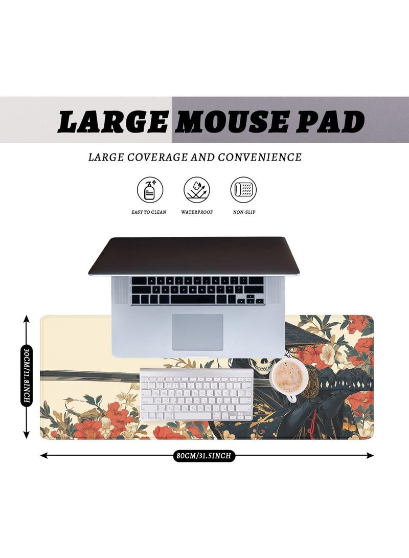 وسادة ماوس مكتبية ساموراي على شكل جمجمة سوداء ذهبية من الرسوم المتحركة اليابانية مع حواف مخيطة، قاعدة مطاطية مضادة للانزلاق ومقاومة للماء 70 × 30 سم × 2 مم مع حواف مخيطة غير قابلة للانزلاق، وسادة لوحة مفاتيح كبيرة للكمبيوتر المكتبي واللاب توب والعمل والمنزل وملحقات مكتب لطيفة - Image 2