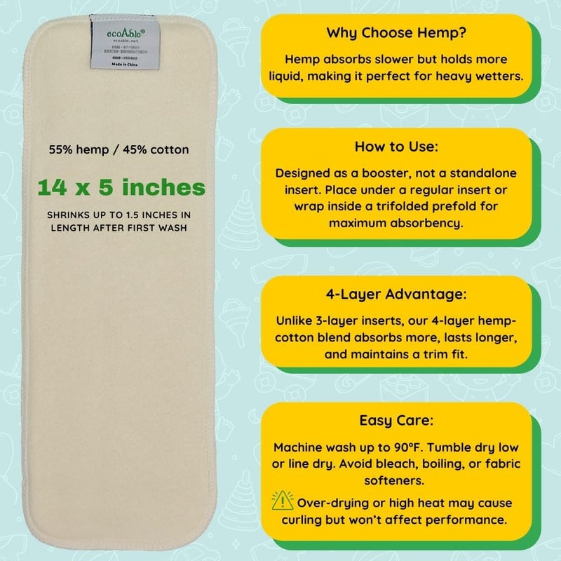 Ecoable 4-Layer Hemp Diaper Inserts – Overnight Boosters for Heavy Wetters – Reusable Absorbency Doublers – Fits Pocket, Cotton Prefold & Cover – Washable Natural Fiber Liners (Pack of 12) - Image 5