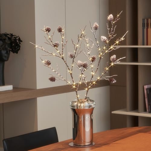 Fudios Lighted Branches with Pinecone 32in Artificial Snowed Willow Branch with Timer for Winter Christmas - Image 1