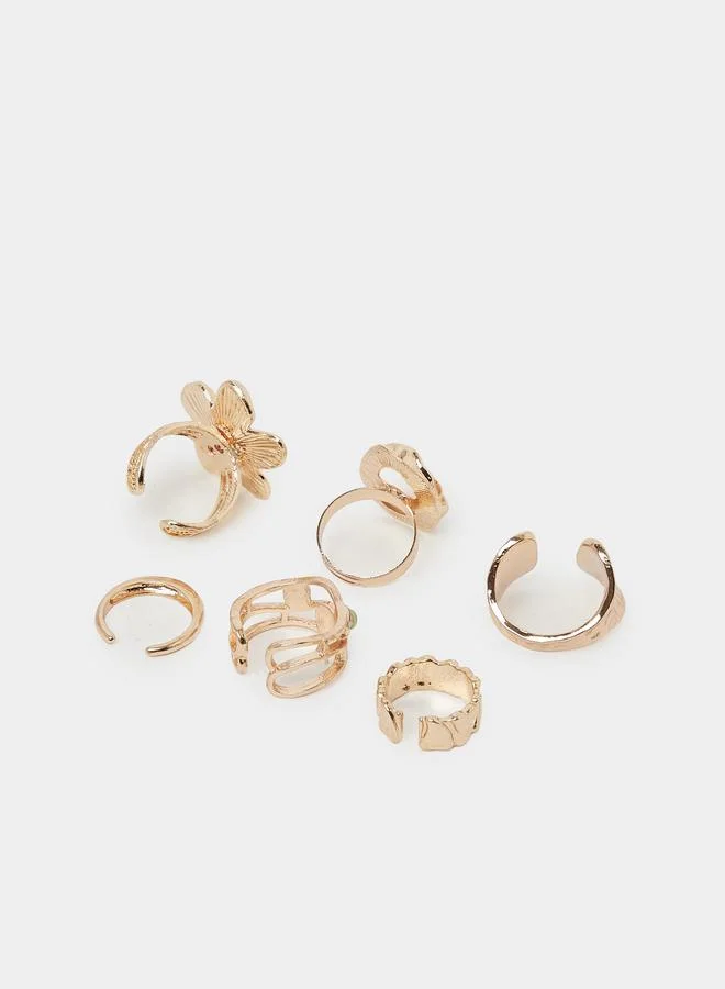 Styli  6-Piece Gold Tone Pearl & Floral Designs Rings Set for Women | Best Price UAE