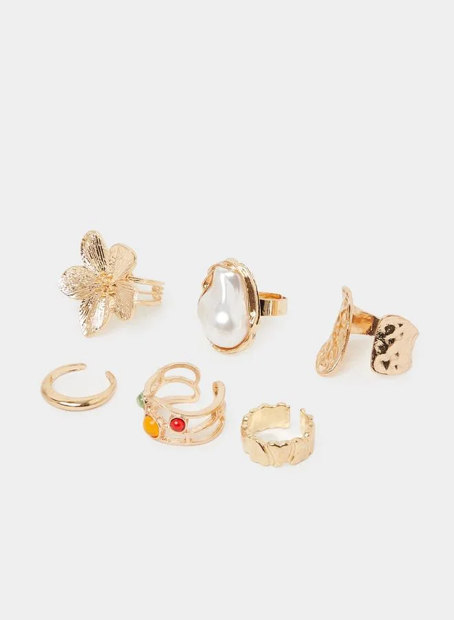 ستايلي 6-Piece Gold Tone Pearl & Floral Designs Rings Set