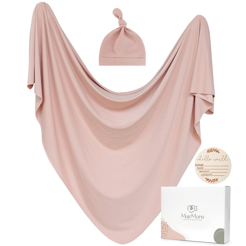 MairMore Baby Swaddle Receiving Blankets with Matching Beanie Set Newborn Nursery Swaddle Wrap for Baby Girls and Boys (Pink) - Image 1