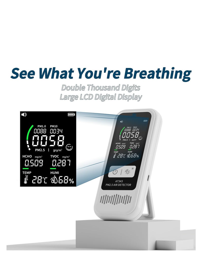 SYOSI جهاز قياس جودة الهواء، كاشف جودة الهواء المحمول مع شاشة LCD رقمية، CO2، الفورمالديهايد، جهاز قياس الحرارة، جهاز قياس الرطوبة، PM2.5/1.0/10 جهاز اختبار HCHO TVOC للمنزل والمكتب والسيارة، في الهواء الطلق  - Image 2