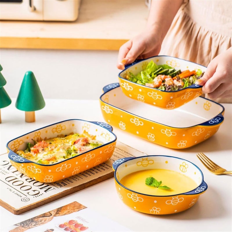 Casserole Dish Household Dinner Plate Vegetable Baking Dish Lovely Hand-painted Double Ear Bowl Ceramic Baked Rice Kitchen(550ml) - Image 5