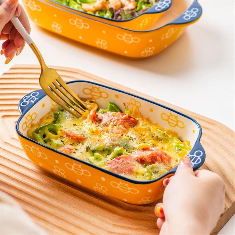 Casserole Dish Household Dinner Plate Vegetable Baking Dish Lovely Hand-painted Double Ear Bowl Ceramic Baked Rice Kitchen(550ml) - Image 3
