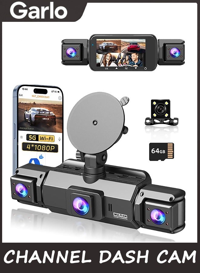 Garlo 360 View 4 Channel Dash Cam Front and Rear Left Right Inside Camera for Cars, GPS and 5G Band WiFi, Night Vision, 160 Wide Angle, WDR, 24H Parking Mode, Supercapacitor, Included 64GB Card - Image 1