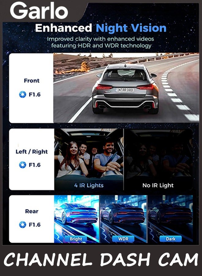 Garlo 360 View 4 Channel Dash Cam Front and Rear Left Right Inside Camera for Cars, GPS and 5G Band WiFi, Night Vision, 160 Wide Angle, WDR, 24H Parking Mode, Supercapacitor, Included 64GB Card - Image 2