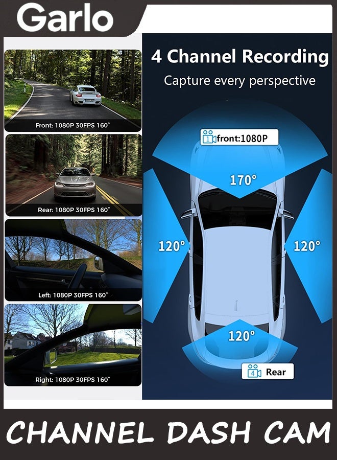Garlo 360 View 4 Channel Dash Cam Front and Rear Left Right Inside Camera for Cars, GPS and 5G Band WiFi, Night Vision, 160 Wide Angle, WDR, 24H Parking Mode, Supercapacitor, Included 64GB Card - Image 4