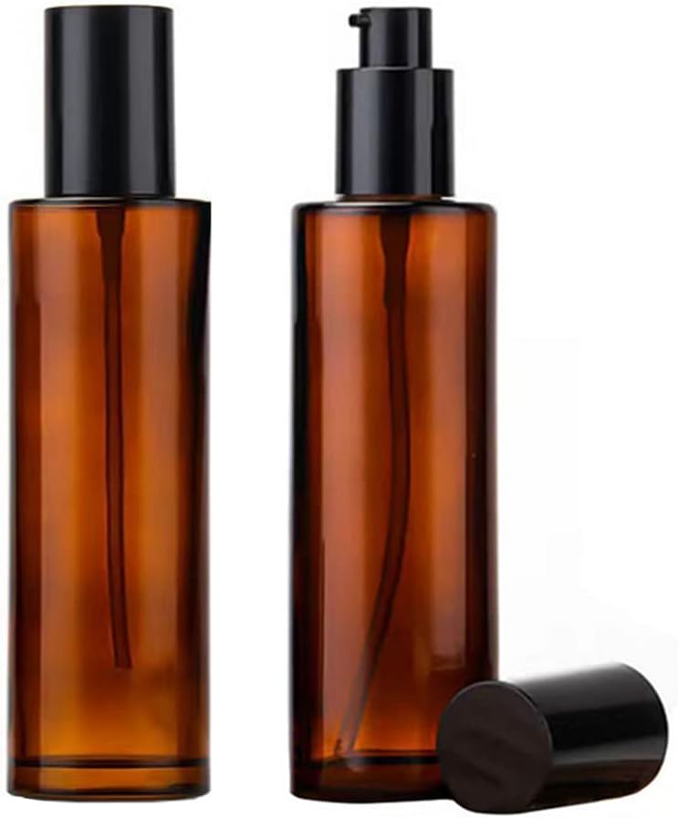 2PCS 120ml/4oz Empty Refillable Amber Glass Lotion Pump Press Bottles Soap Dispensers Containers Jars with Black Cap for Foundation Cream Makeup Removel Oil Shampoo