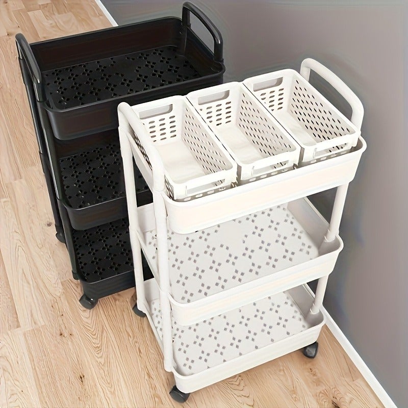 Multi-Layer Storage Organizer Cart - Durable Plastic, Easy to Move, Ideal for Kitchen, Bathroom, Bedroom - White and Black, 2D Flat - Image 2