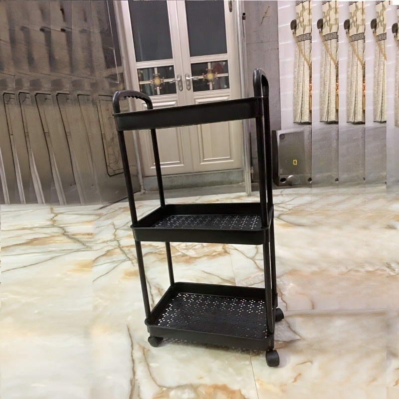 Multi-Layer Storage Organizer Cart - Durable Plastic, Easy to Move, Ideal for Kitchen, Bathroom, Bedroom - White and Black, 2D Flat - Image 1