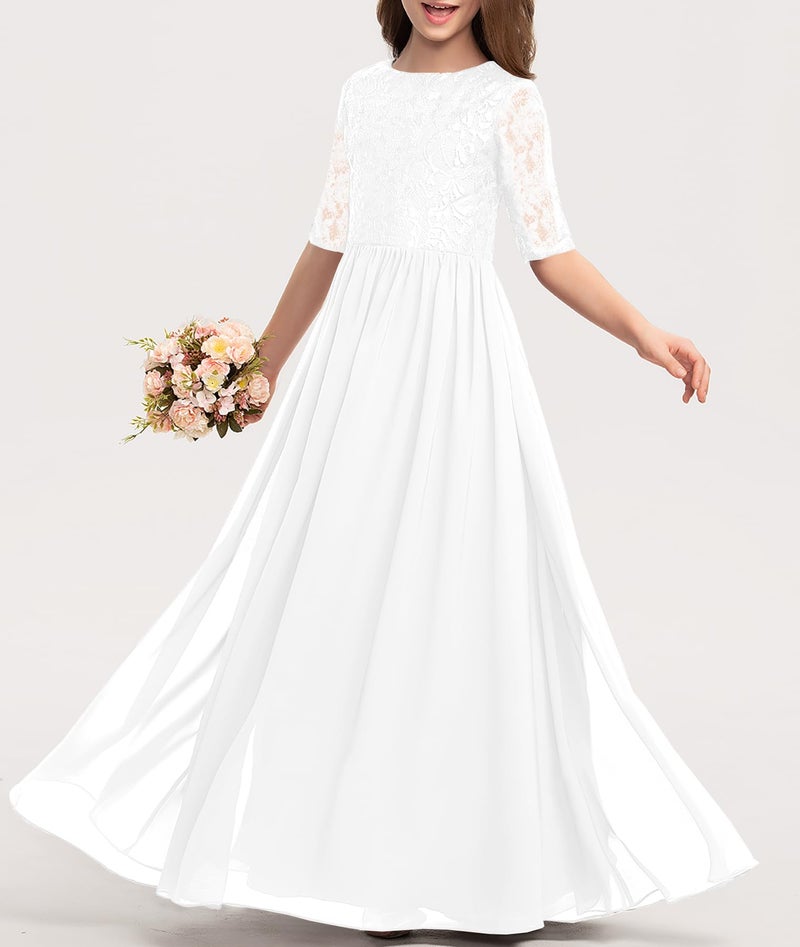 HOSIKA Flower Girls Elegant Vintage Lace Chiffon A-Line Formal Birthday Wedding Party Floor Length Dress White 8-9 Years - Image 2