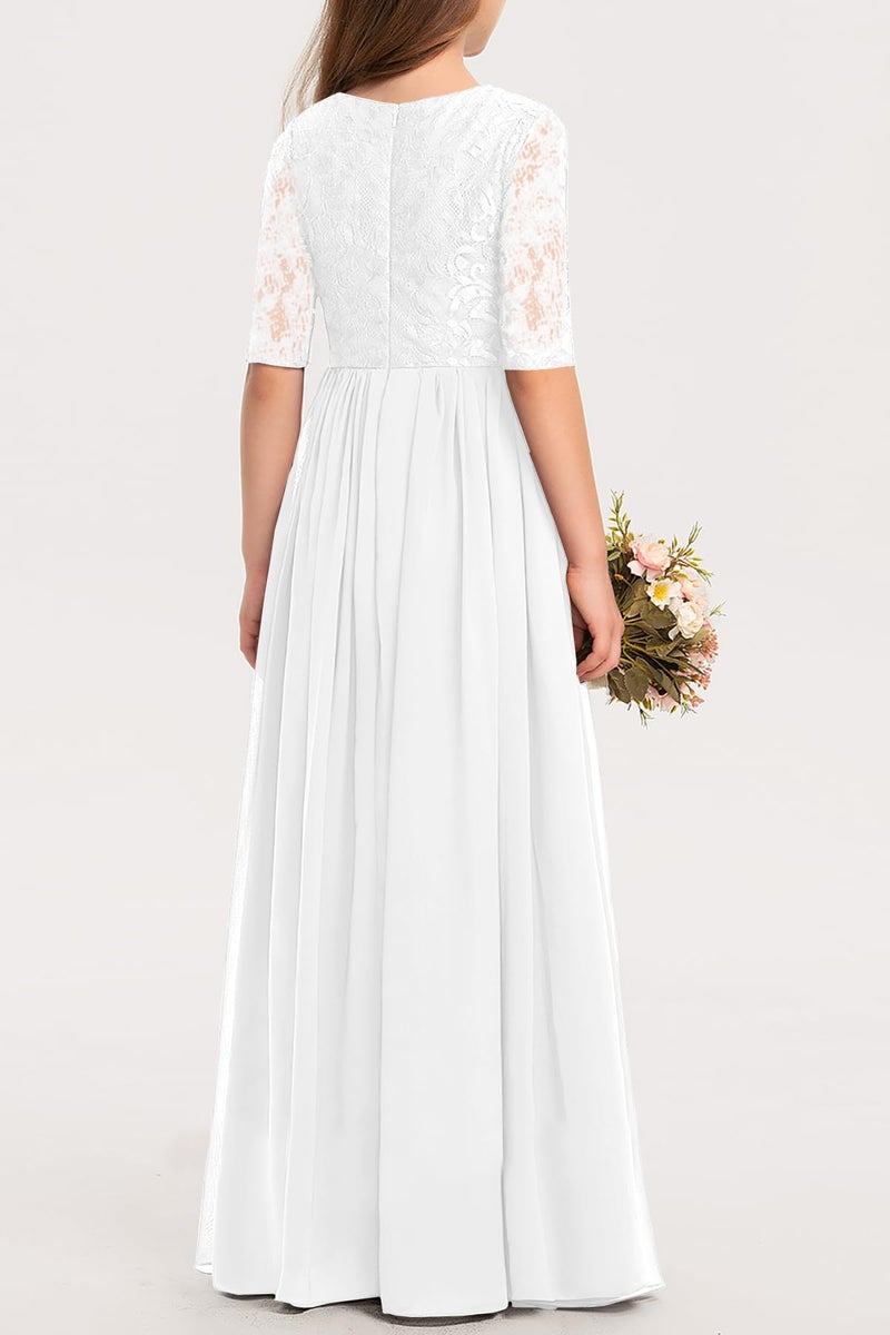 HOSIKA Flower Girls Elegant Vintage Lace Chiffon A-Line Formal Birthday Wedding Party Floor Length Dress White 8-9 Years - Image 4