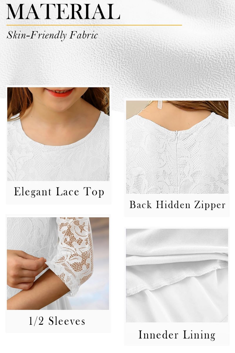 HOSIKA Flower Girls Elegant Vintage Lace Chiffon A-Line Formal Birthday Wedding Party Floor Length Dress White 8-9 Years - Image 5