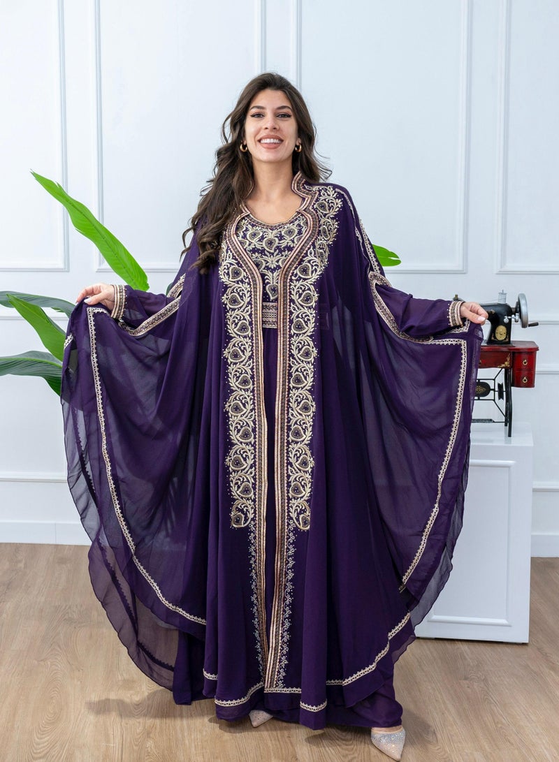 البنت الشرقية قفطان مغربي شيفون قطعتين مع حزام على الخسر - Image 1