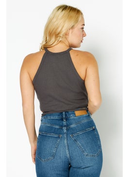 NA-KD Women Crew Neck Sleeveless Textured Crop Top, Dark Grey  - Image 3