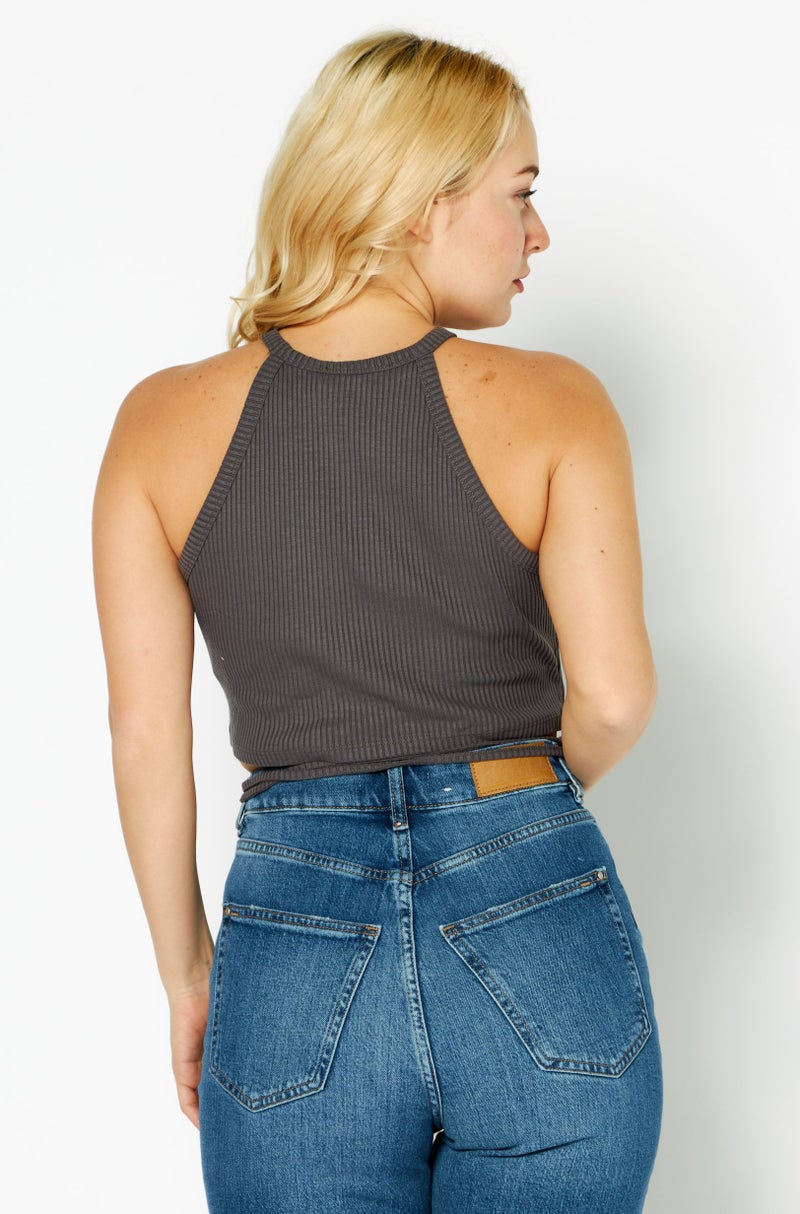 NA-KD Women Crew Neck Sleeveless Textured Crop Top, Dark Grey - Image 3