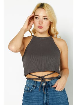 NA-KD Women Crew Neck Sleeveless Textured Crop Top, Dark Grey  - Image 1