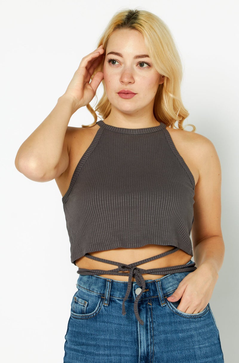 NA-KD Women Crew Neck Sleeveless Textured Crop Top, Dark Grey - Image 1