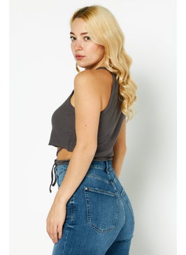 NA-KD Women Crew Neck Sleeveless Textured Crop Top, Dark Grey  - Image 2