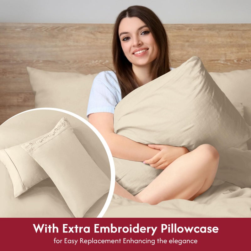 LONAVA California King Size Sheet Set - 6 Piece Hotel Luxury Wrinkle-Free Microfiber Sheet  Oeko-TEX Certified  Breathable & Elastic  16"" Deep Pockets  Beige - Image 4