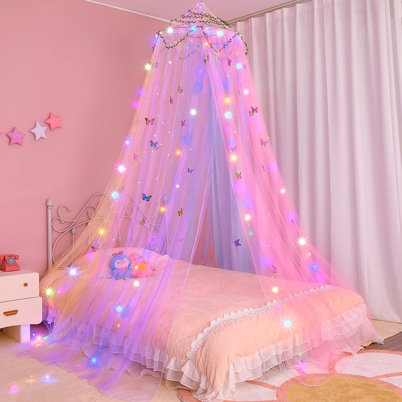 FIOBEE Bed Canopy for Girls Room Bed Canopy Curtains with Led Lights Mosquito Net DIY Princess Room Dcor with Stars Butterflies for Kids Bedroom Rainbow