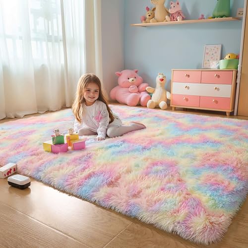 KICHOWUA Washable 4x6 Rainbow Fluffy Shaggy Area Rugs, Kawaii Princess Soft Plush Carpet for Girls Bedroom Kids Playroom, Cute Colorful Fuzzy Rug for Nursery Dorm Baby Toddler Teenage - Image 1