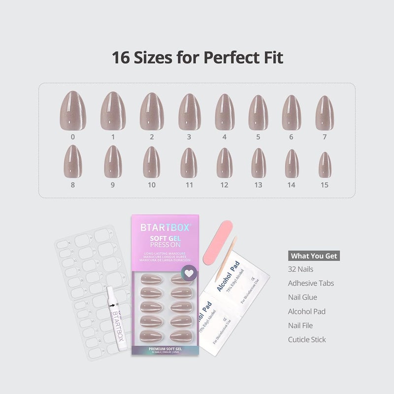 BTArtbox Press On Nails Almond - Soft Gel Fake Nail with Nail Glue, Reusable Opaque Short Stick On Nails in 16 Sizes Nail Kit for Gift Idea, Aurora Cat Eye Carefully selected solid material - Image 4