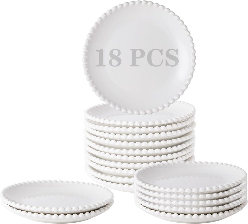 OMAYKEY 55 Inch White Ceramic Dessert Plates Set of 18 Small Salad Plates Porcelain Round Shaped Dinner Plates Appetizer Plates for Cake Waffles Snacks Side Dish Oven Microwave Dishwasher Safe - Image 1