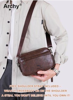 Archy Men's Vintage PU Leather Clutch Bag Fashion Zipper Shoulder Crossbody Bag with Detachable Shoulder Strap Bag Sling Shoulder Bag for Men, Durable Casual Daypack  - Image 1