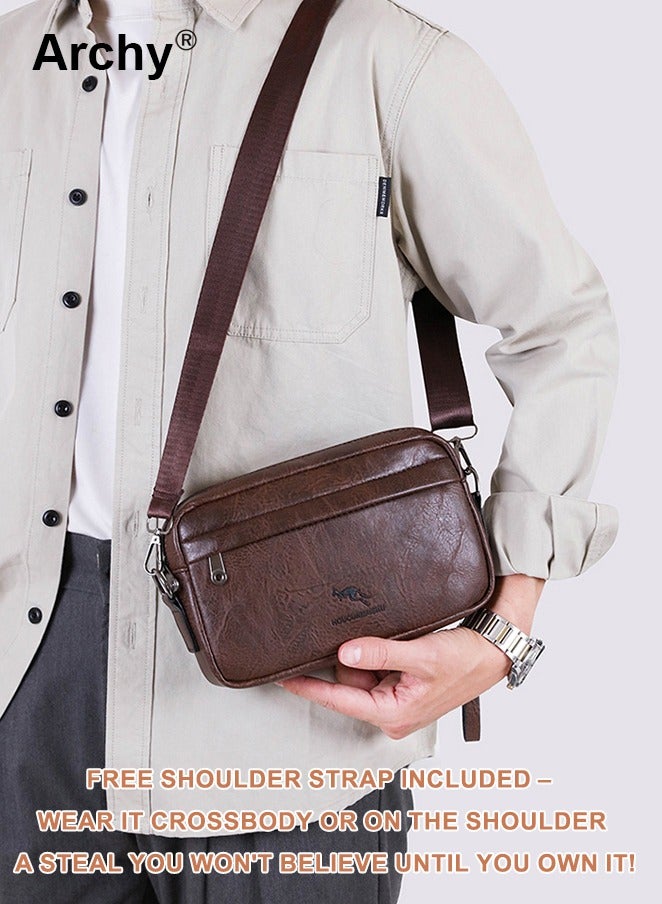 Archy Men's Vintage PU Leather Clutch Bag Fashion Zipper Shoulder Crossbody Bag with Detachable Shoulder Strap Bag Sling Shoulder Bag for Men, Durable Casual Daypack  - Image 1